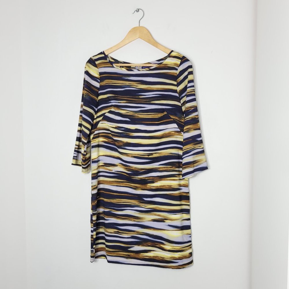 Nine West Brown White Navy 3/4 Sleeve Boat Neck Back Zip Business Casual Dress 6